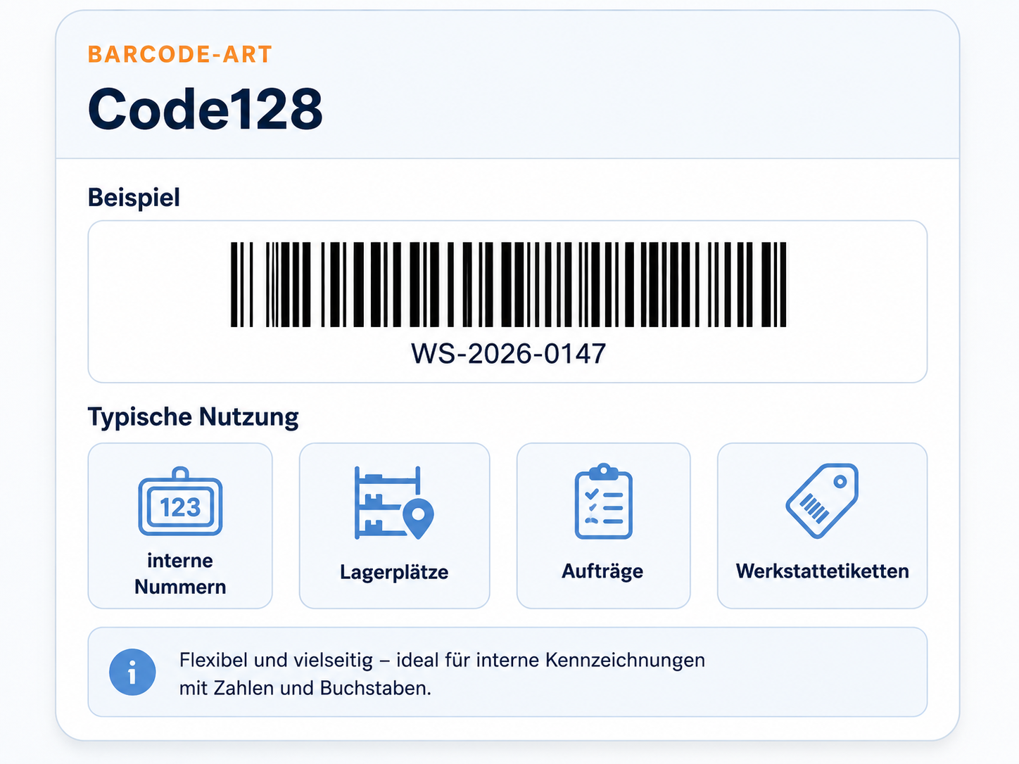 Code128 für interne Nummern, Lager und Werkstatt